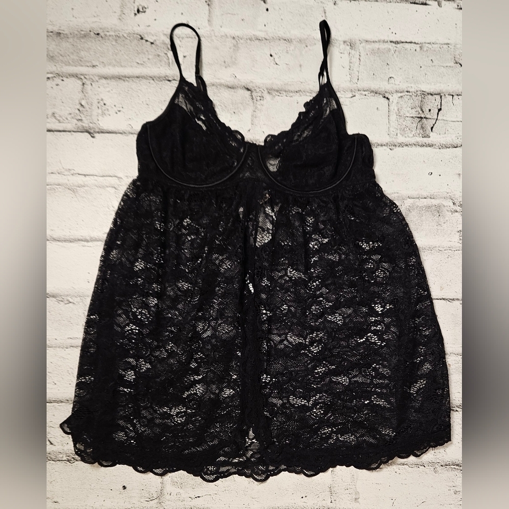La Vie En Rose Black Lace Babydoll Chemise Womens Large Sheer Mesh - Picture 3 of 14